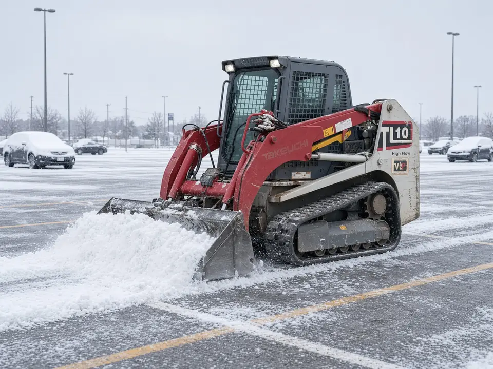 Track loader clearing snow from a parking lot