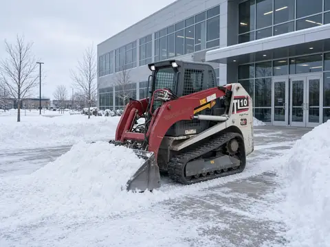 Takeuchi TL10 clearing snow outside an office building
