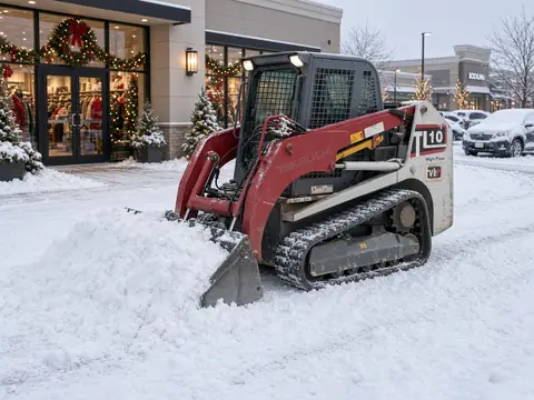 Takeuchi TL10 clearing snow outside a storefront