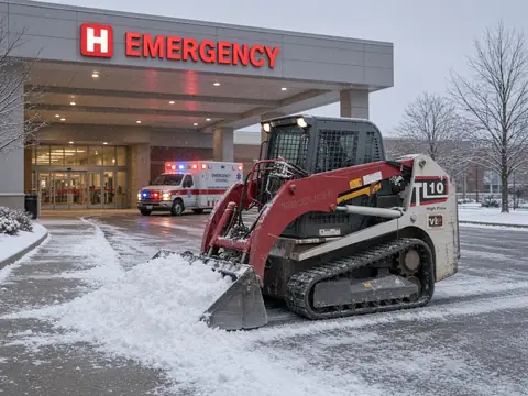 Takeuchi TL10 clearing snow at a hospital entrance